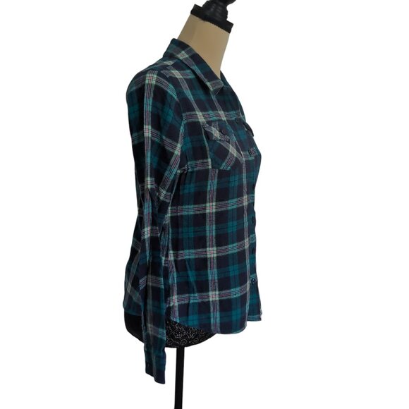 Navy Plaid Flannel Long Sleeve Button Up Shirt Size Large - Picture 2 of 5